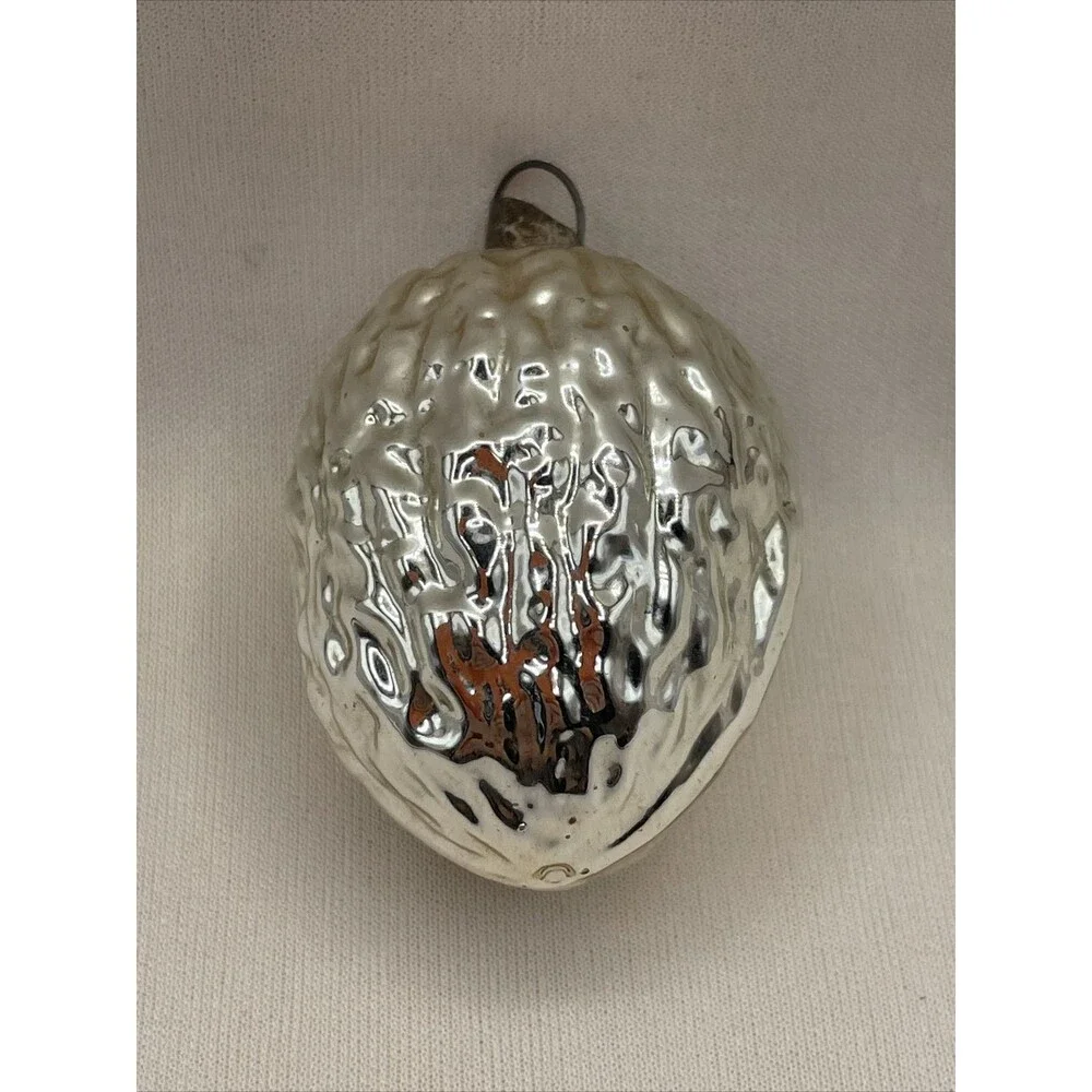 Vintage Glass Christmas Ornament Silver Acorn Textured Bumpy Holiday Tree